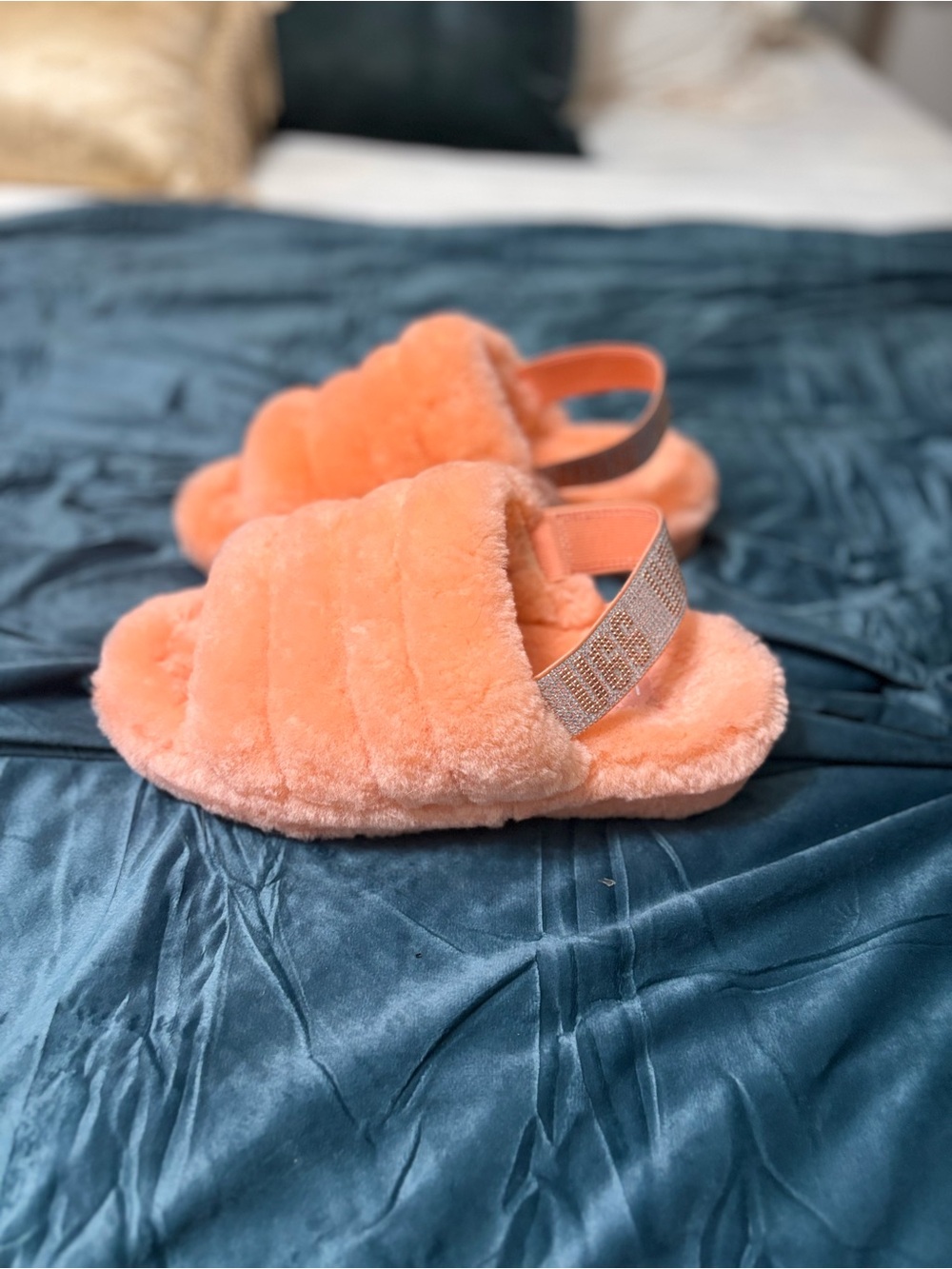 UGG Kids Fluff Slide Sandals in Peach with Sparkle Back Strap